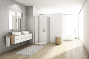SanSwiss Divera Kout sprchový čtvrtkruhový s posuvnými dveřmi 90 x 90 x 200 cm, aluchrom, čiré sklo